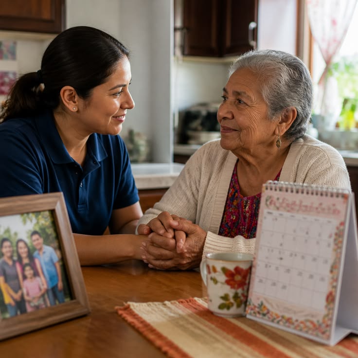 A caregiver holding a patient's hands in support
