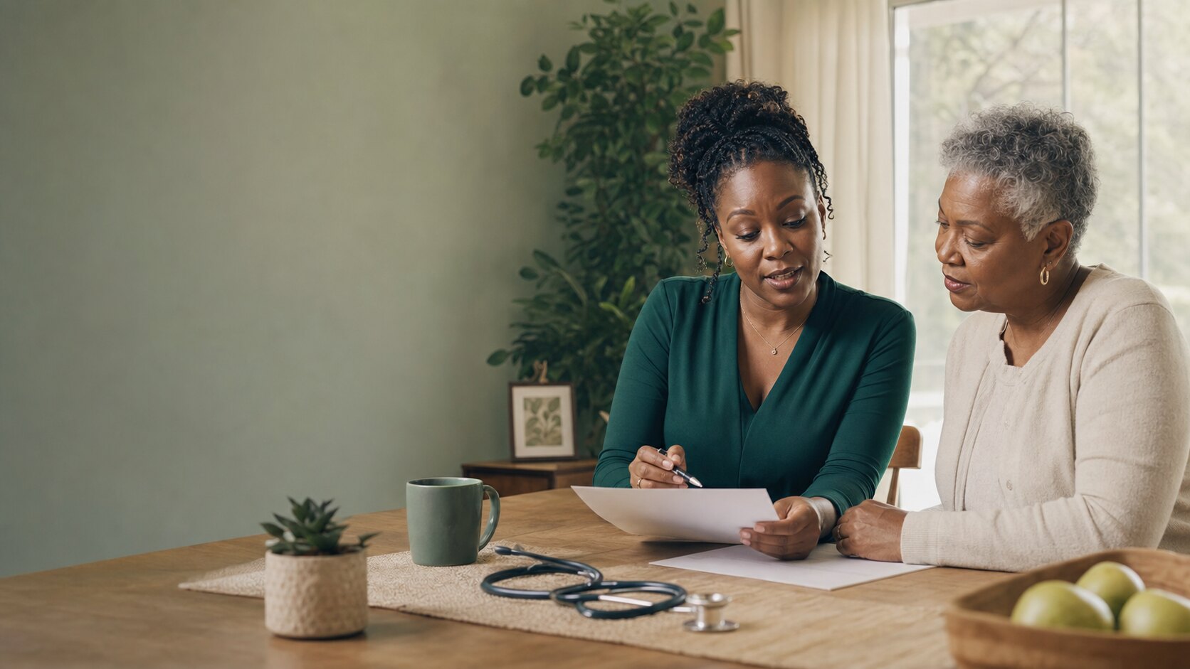 Illustrative scene of a nurse practitioner and an older adult reviewing a care plan together at home